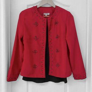 Coral Bay - Red Embroidered Silk Look Embellished Jacket